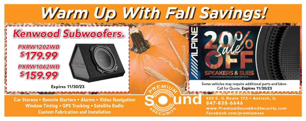 A coupon advertising subwoofers and speakers on sale at Premium Sound and Security