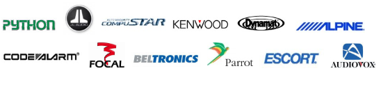 A collection of car stereo brand logos, including Python, JL Audio, Compustar, Kenwood, Dynamat, Alpine, CodeAlarm, Focal, Beltronics, Parrot, Escort, and Audiovox