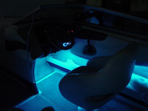 Blue LED lights in a boat