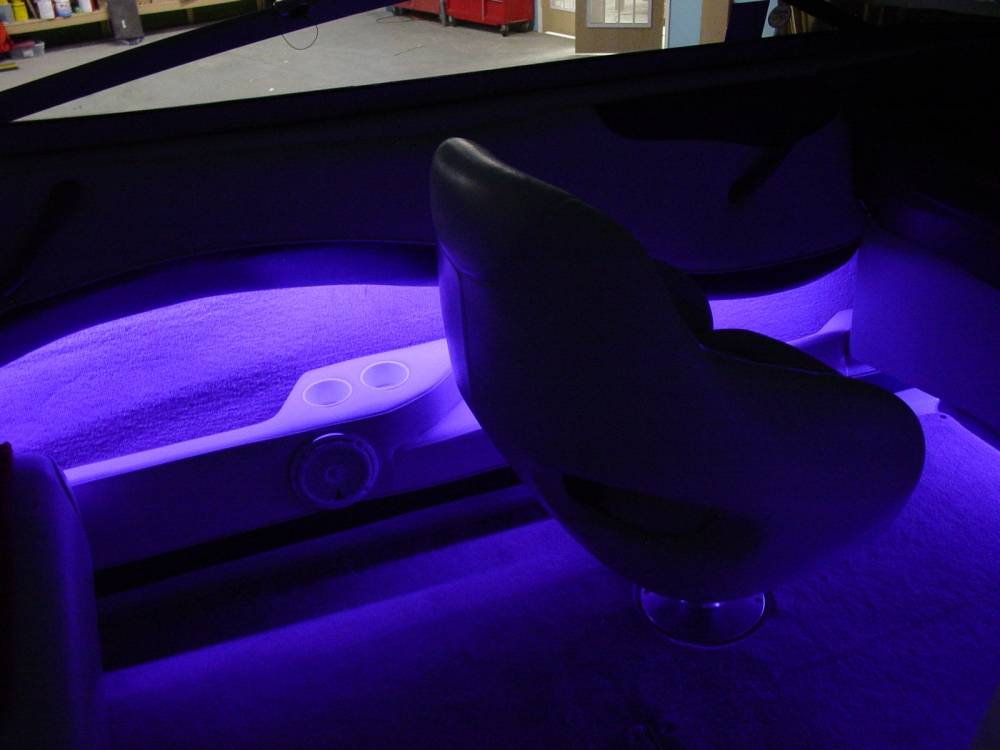 Purple LED lighting inside a boat