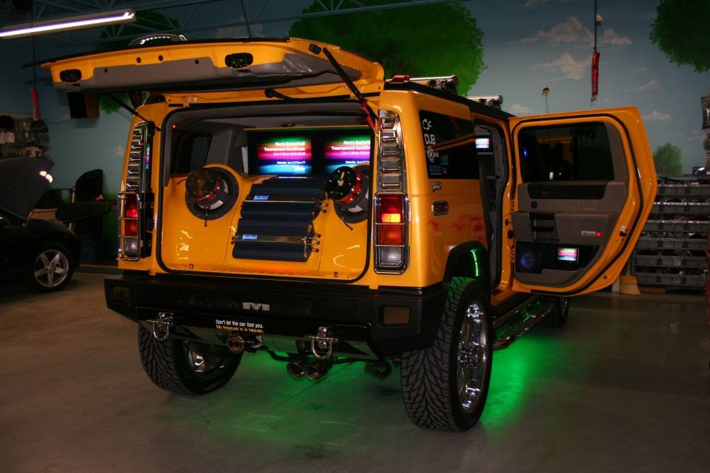 Yellow Hummer with custom audio system